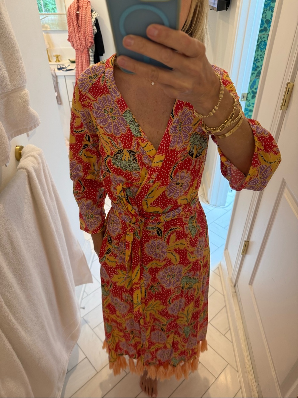 RHODE Red and Yellow Floral Wrap Maxi Dress with Fringe Hem